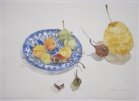 Birnen und Nashi mit japanischem Teller, 2007/2008, Aquarell und Graphit auf Hadern