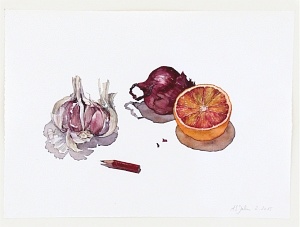 Rotes Stillleben (Allium sativum/ Allium cepa), 2015, Aquarell und Graphit auf Hadern